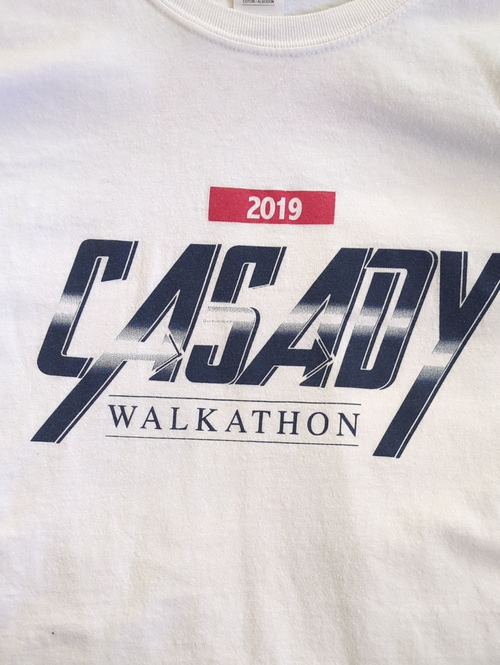 5 For $20.Gildan White Casady Walkathon 2019 Graphic Tee with Navy and Red Print